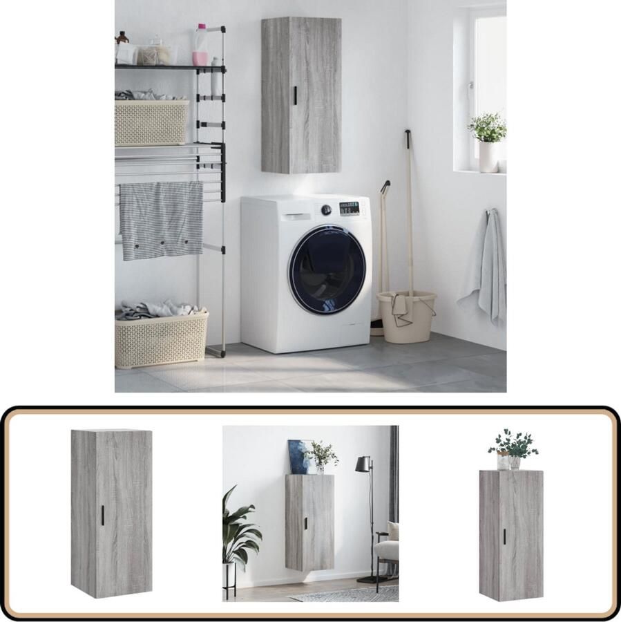 VidaXL Hangkast Grijs Sonoma Eiken 34 5x34x90 cm Wandkast Houten Kast Grijze Kast Opbergkast Salontafel
