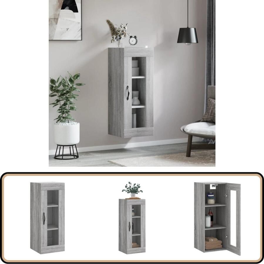 VidaXL Hangkast Grijs Sonoma Eiken 34 5x34x90 cm Wandkast Grijze Kast Sonomaskist Houten Kast Vitrinekast