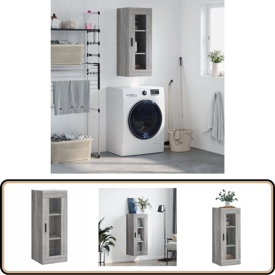 VidaXL Grijze Kast Hangkast 34 5x34x90 cm grijs sonoma eikenkleurig Houten Kast Badkamerkast Keukenkast