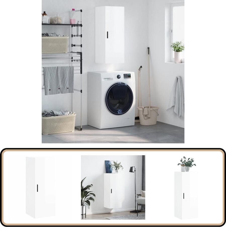 VidaXL Hangkast Hoogglans Wit 34 5x34x90 cm Wandkast Hangkast Opslagoplossing Houten Kast Witte Kast