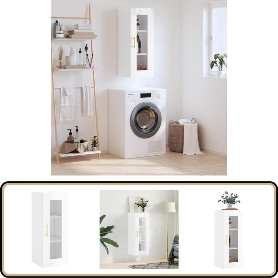VidaXL Hangkast hoogglans wit 34 5x34x90 cm Wandkast Hangkast Opslagmogelijkheden Keukenopslag Badkamerkast