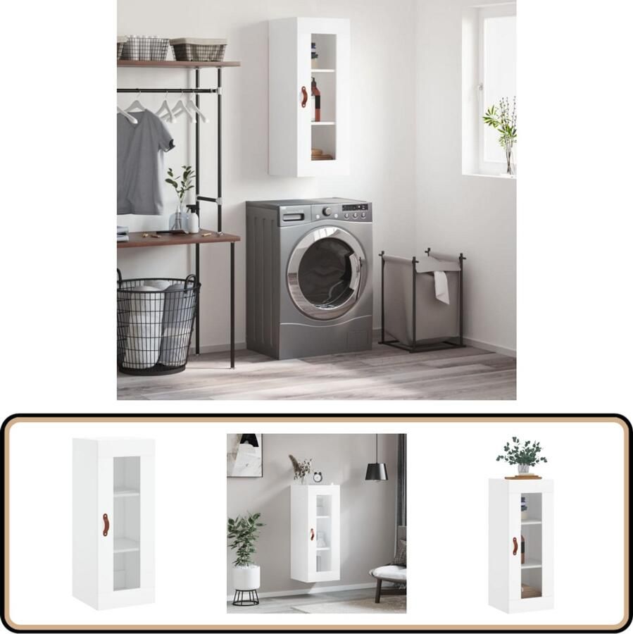 VidaXL Hangkast Wit 34 5x34x90 cm Met Glas Wandkast Houten Kast Vitrinekast Opbergkast Keukenkast
