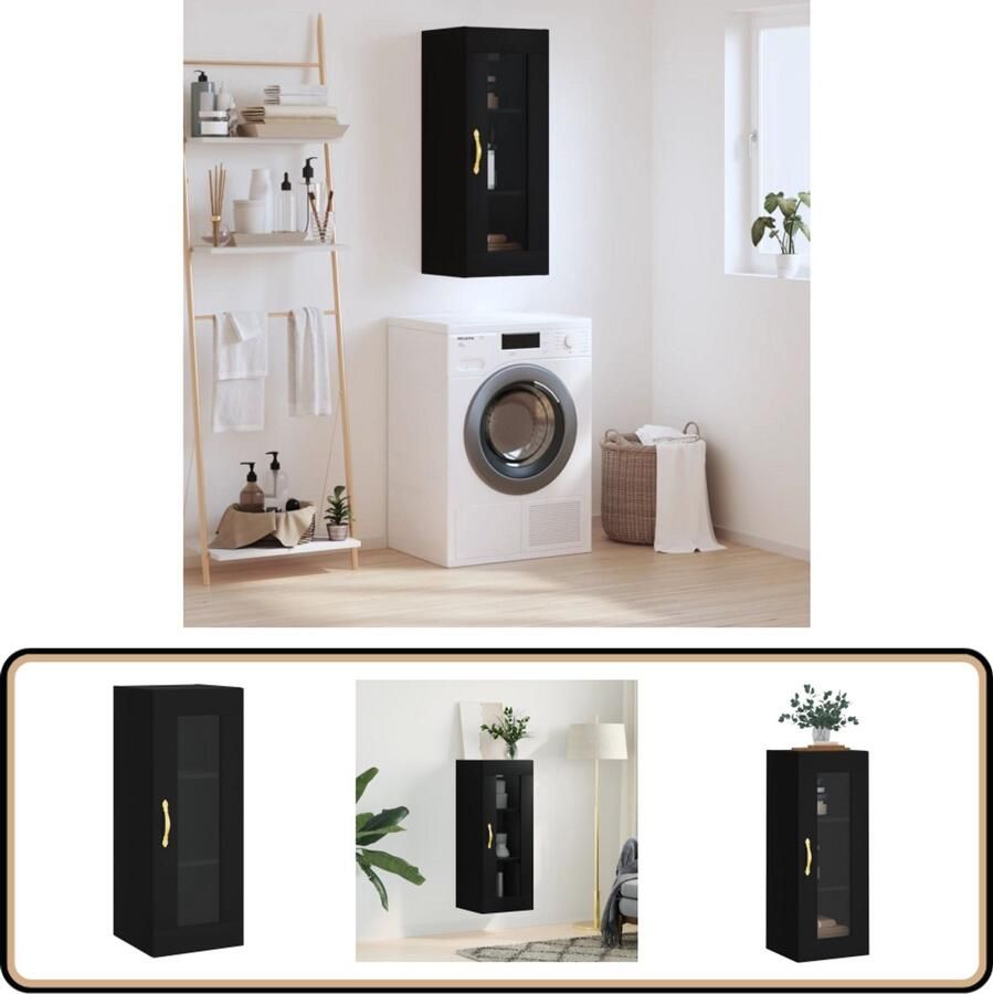 VidaXL Hangkast 34 5x34x90 cm zwart Wandkast Houten Kast Vitrinekast Opbergkast Zwarte Kast - Foto 2