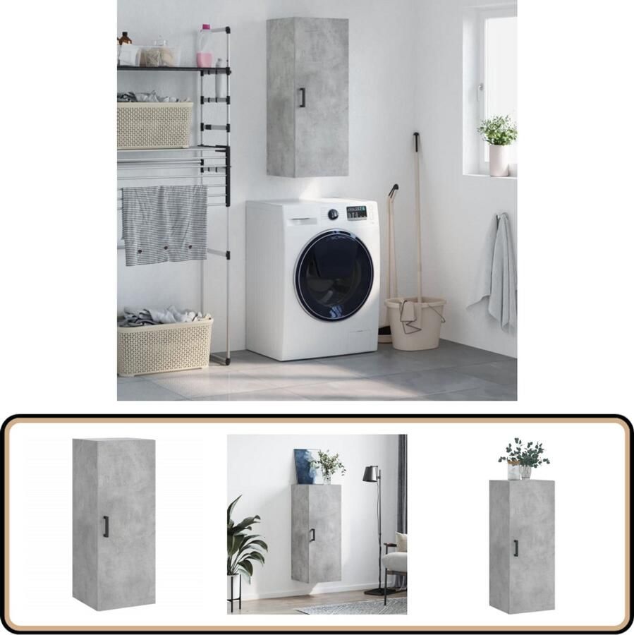 The Living Store Hangkast 34 5x34x90 cm betongrijs Hangkast Wandkast Opbergkast Houten Kast Grijze Kast