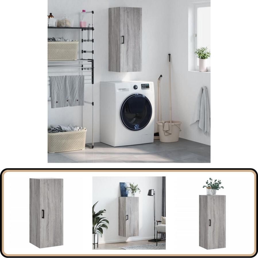 VidaXL Grijze Kast Hangkast 34 5x34x90 cm grijs sonoma eikenkleurig Houten Kast Badkamerkast Keukenkast