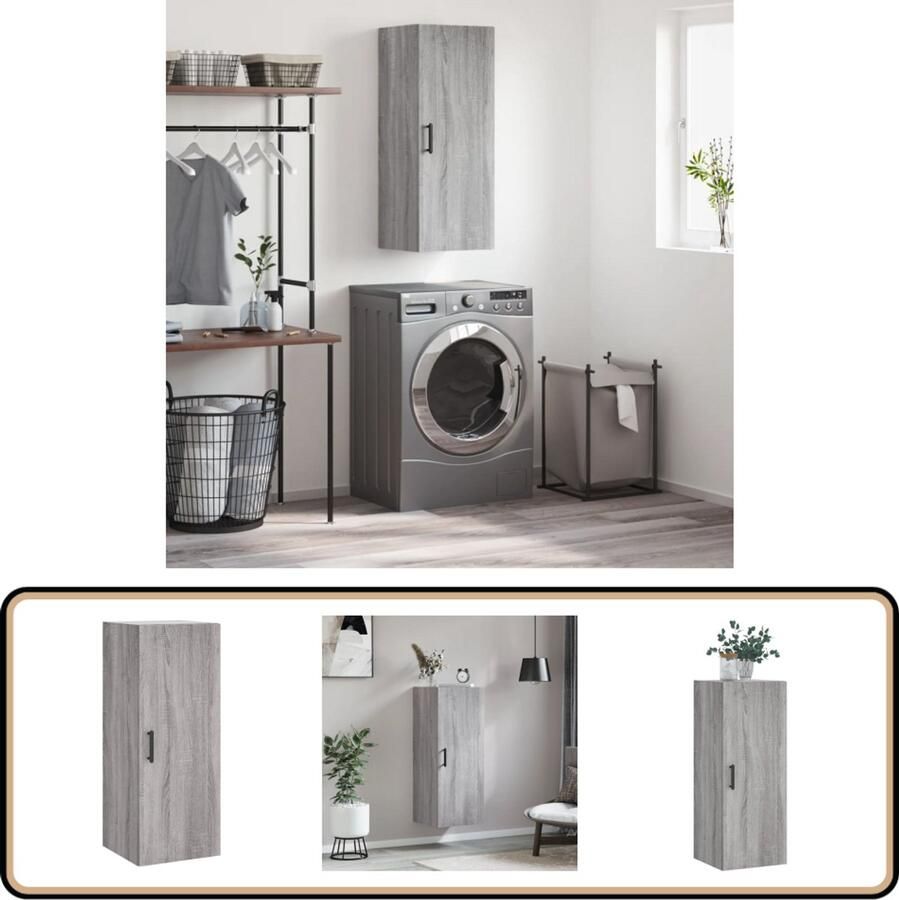 VidaXL Hangkast Grijs Sonoma Eiken 34 5x34x90cm Wandkast Opbergkast Houten Kast Grijze Kast Salontafel - Foto 2
