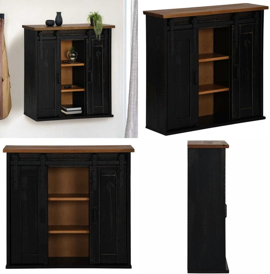 VidaXL Hangkast HALDEN 2 schuifdeuren 75x22 5x70 cm grenenhout zwart Hangkast Hangende Kasten Kast Opbergkast