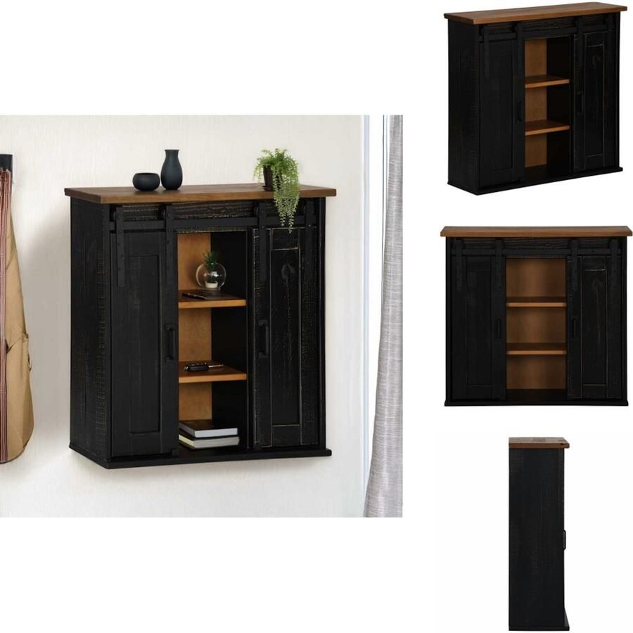 VidaXL Hangkast Hangende Kasten Kast Opbergkast Hangkast HALDEN 2 schuifdeuren 75x22 5x70 cm grenenhout zwart