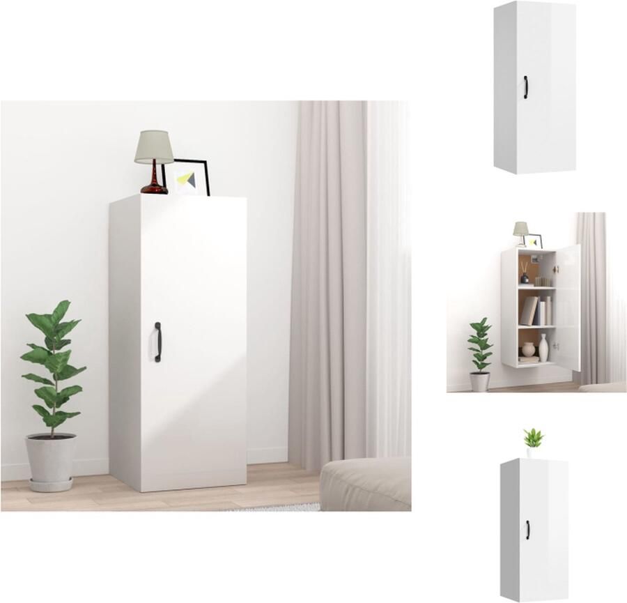The Living Store Hangkast 34 5x34x90 cm bewerkt hout hoogglans wit Hangkast Wandkast Opslagoplossing Houten Kast Witte Kast