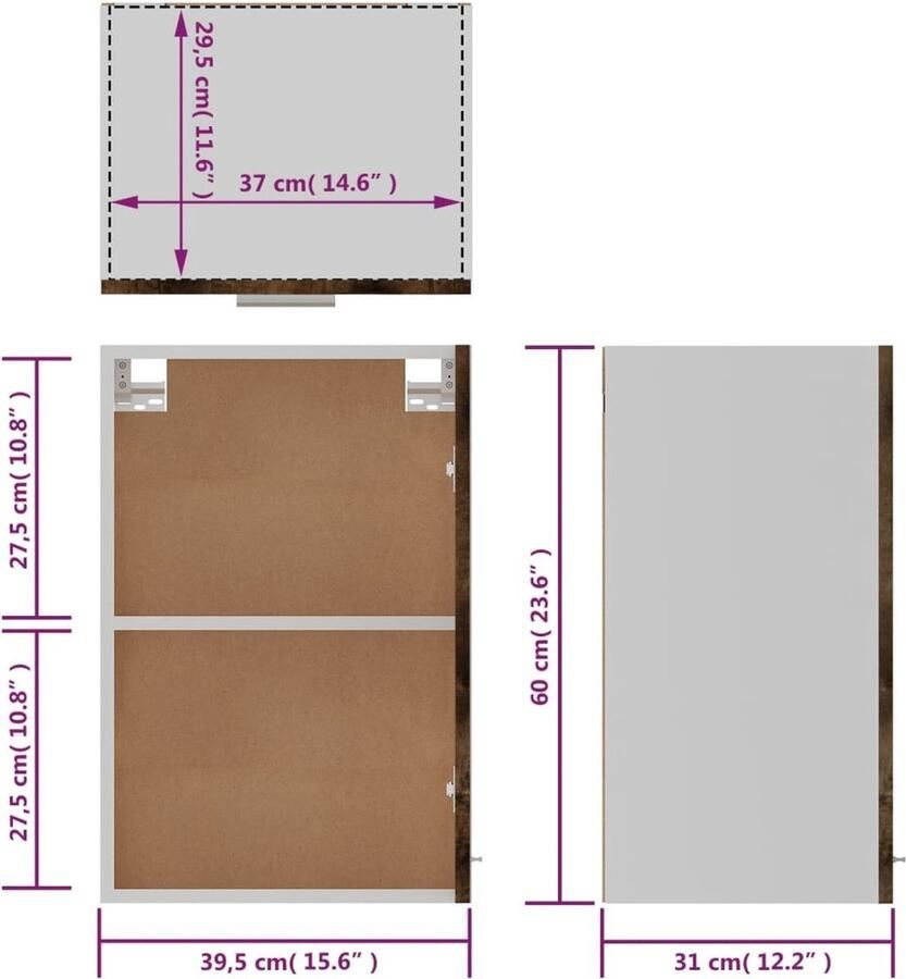 VidaXL Hangkast Hangkasten Hangende Kast Keukenkast Wandkast Lyon 39 5x31x60 cm bewerkt hout gerookt eikenkleurig