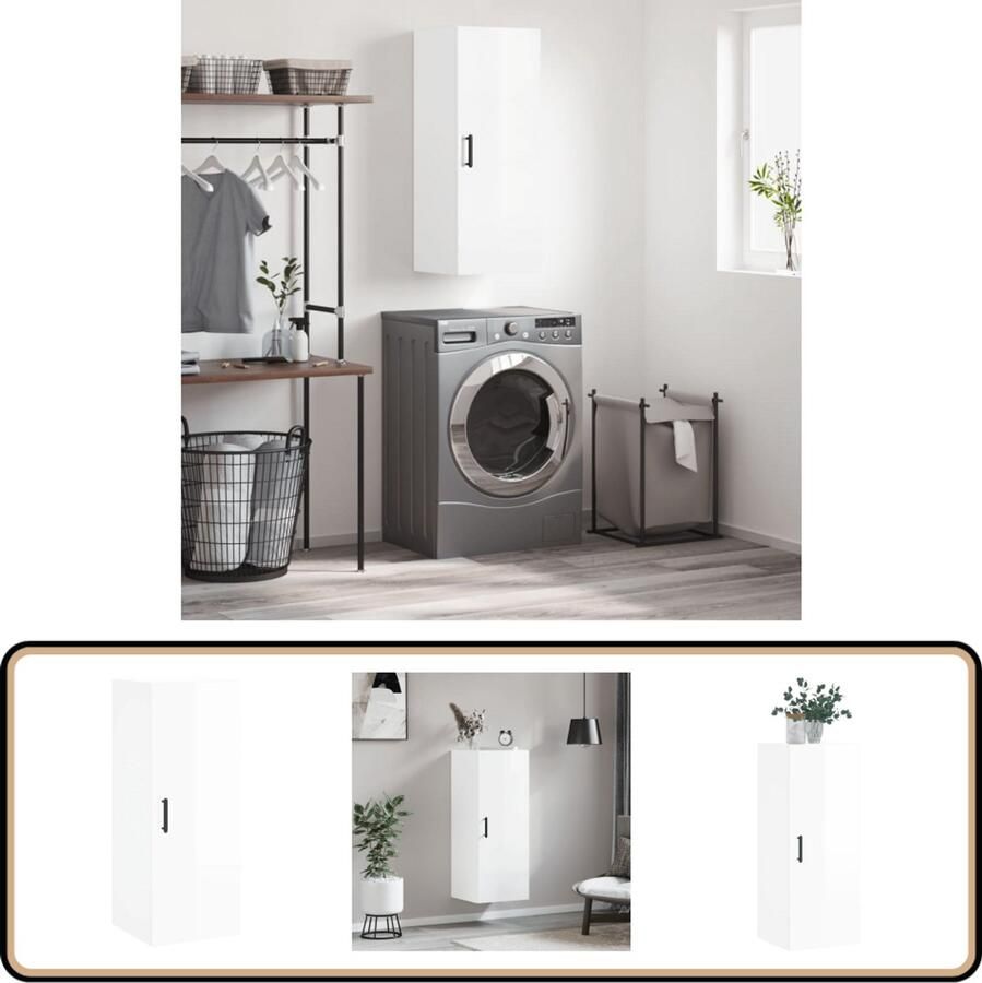 The Living Store Hangkast 34 5x34x90 cm hoogglans wit Wandkast Houtsoort Opbergkast Kastdeur Modern Design