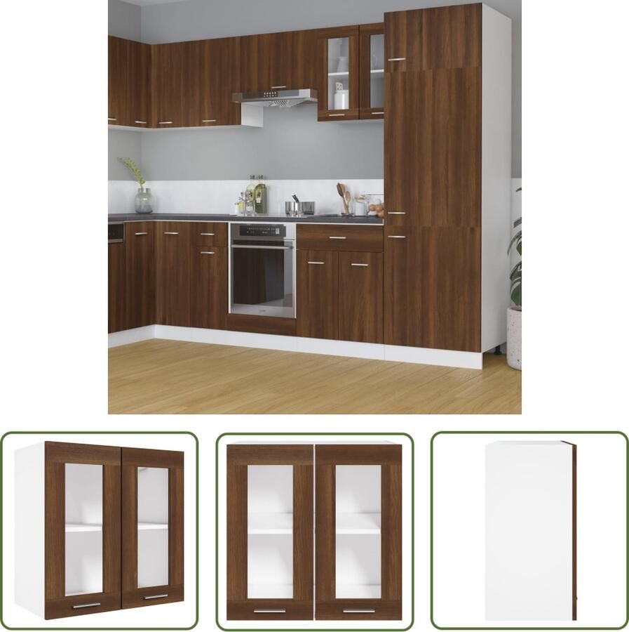 VidaXL Vitrinekast hangend Lyon 60x31x60 cm bewerkt hout bruin eikenkleur Vitrinekast Hangkast Houten Kast Bruine Eiken Kleur Keukenkasten
