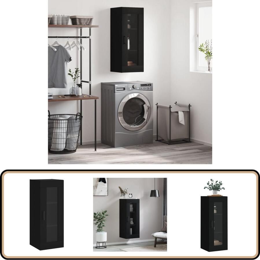 VidaXL Hangkast Zwart 34 5x34x90 cm Bewerkte hout & glas Wandkast Zwarte Kast Houten Kast Opbergkast Designkast - Foto 2