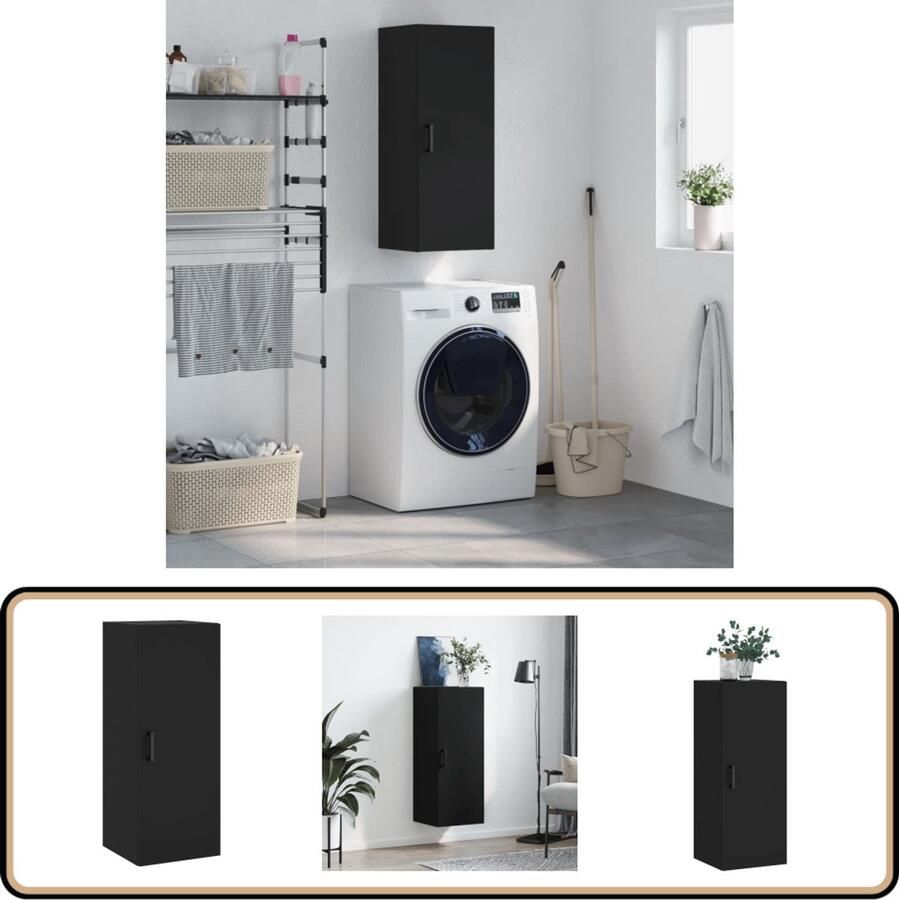 VidaXL Hangkast Zwart 34 5x34x90 cm Bewerkte Hout Hangkast Wandkast Opbergkast Houten Kast Zwarte Kast - Foto 2
