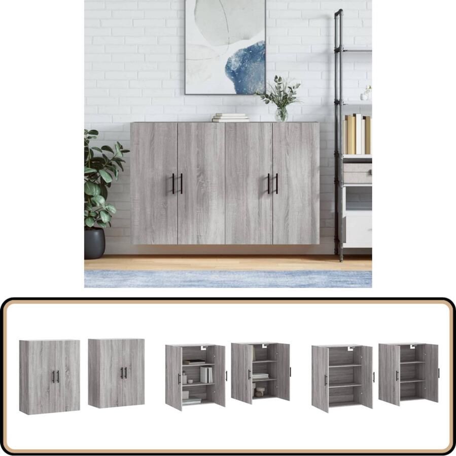 VidaXL Hangkasten Grijs Sonoma Eikenkleur 2 stuks Wandkast Opbergkast Grijze Kast Houten Kast Salontafel