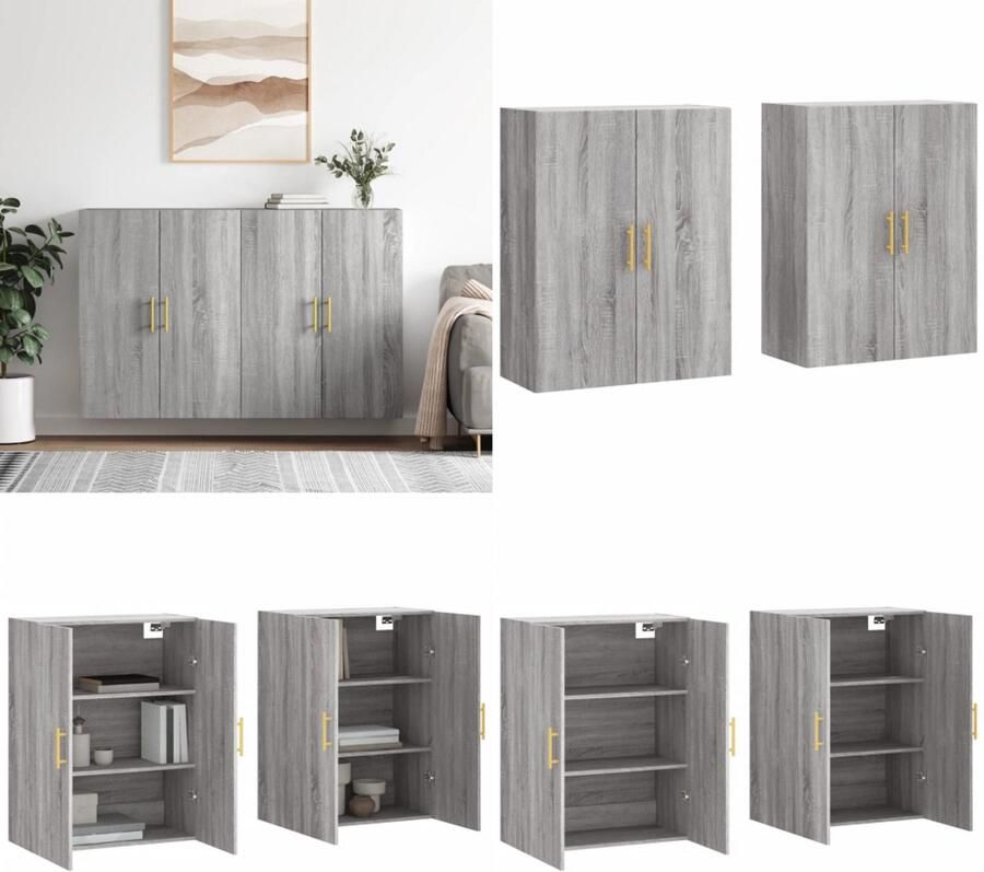 VidaXL Hangkasten 2 st 69-5x34x90 cm grijs sonoma eikenkleurig Wandkast Wandkasten Opbergkast Keukenkast