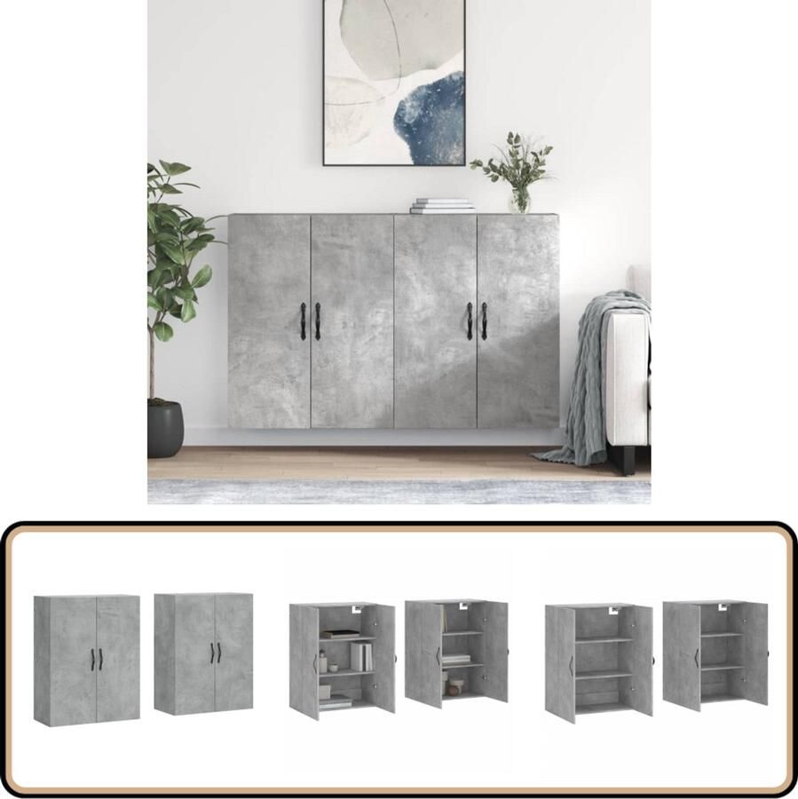 VidaXL Wandkasten Set van 2 Betongrijs 69 5x34x90cm Wandkast Opbergkast Betongrijs Houten Kast Badkameropstelling