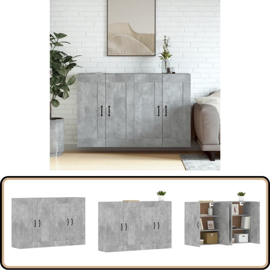 VidaXL Hangkasten 2 stuks Bewerkt hout Betongrijs Wandkast Betonnen Look Opbergkast Houten Kast Woonkamer Meubilair
