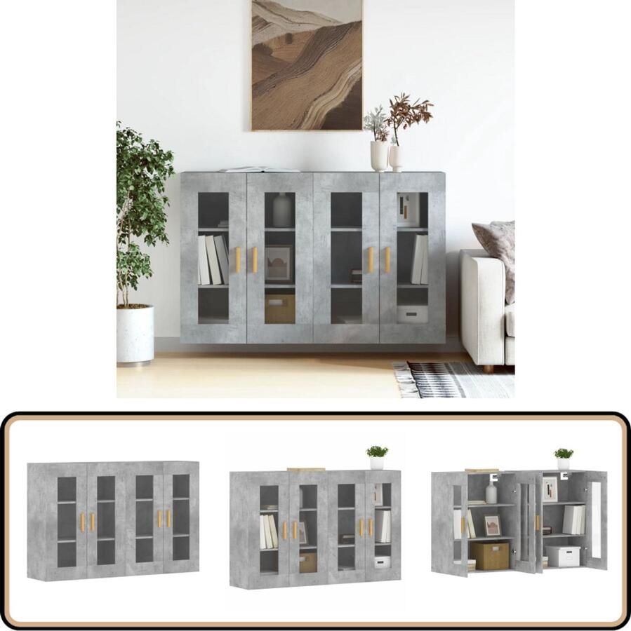 VidaXL Hangkasten Set van 2 Betongrijs Bewerkt Hout Wandkast Houten Kast Opbergkast Betonnen Kast Grijze Kast