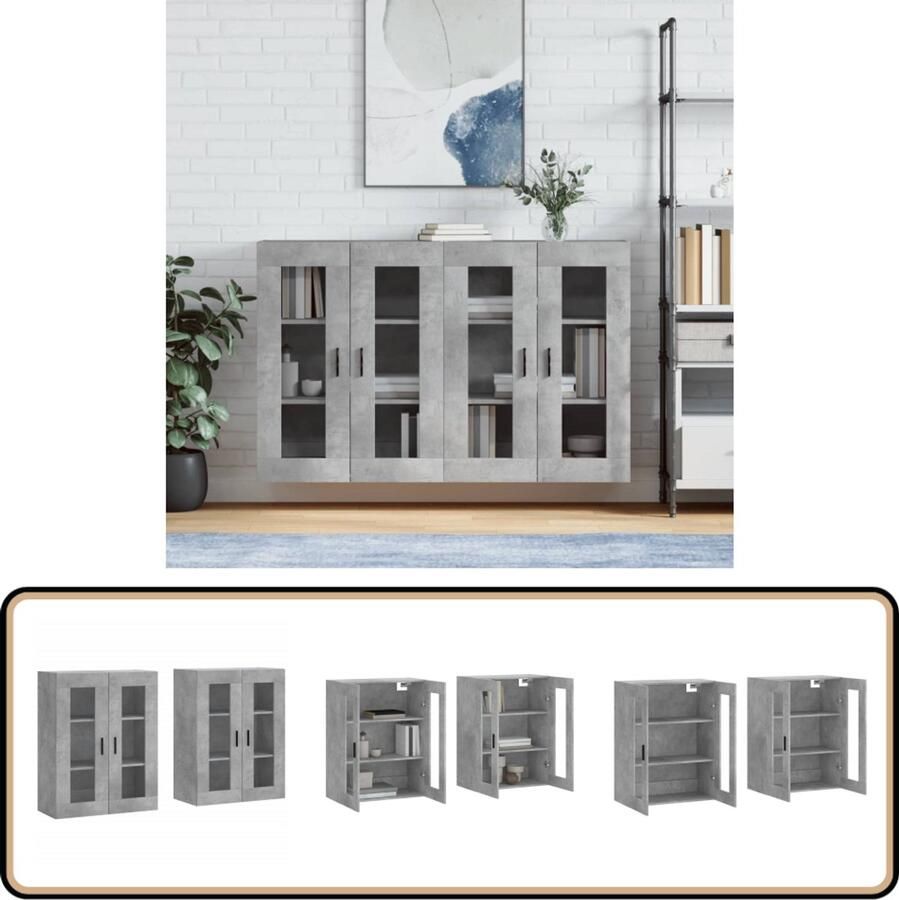 VidaXL Hangkasten set van 2 Bewerkt hout Betongrijs Wandkast Houten Kast Bergruimte Opbergkast Grijze Kast