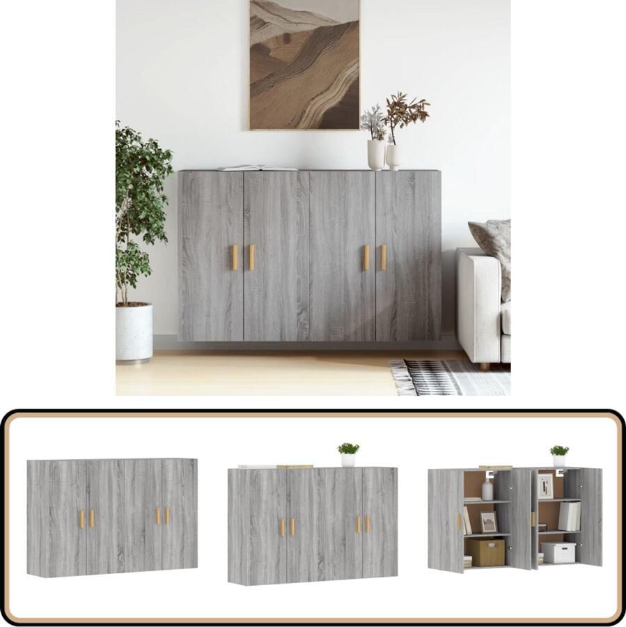 VidaXL Hangkasten Grijs Sonoma Eiken 2 stuks Wandkast Houten Kast Opbergkast Salontafel Livingroom Meubilair