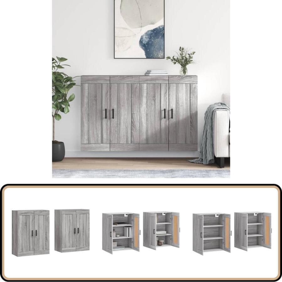 VidaXL Hangkasten Set van 2 Grijs Sonoma Eiken Wandkast Opbergkast Grijze Kast Houten Kast Salontafel