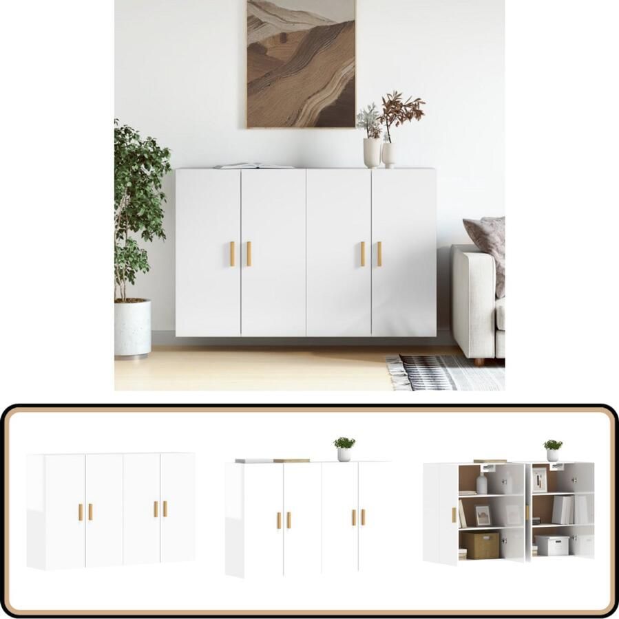 VidaXL Hangkasten Hoogglans Wit Set van 2 Wandkast Houten Kast Opbergkast Keukenopstelling Hangend Meubel