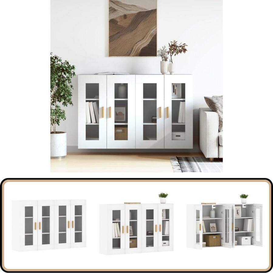 VidaXL Hangkasten Wit Set van 2 Bewerkte Hout Wandkast Houten Kast Witte Kast Opbergkast Badkamerkast