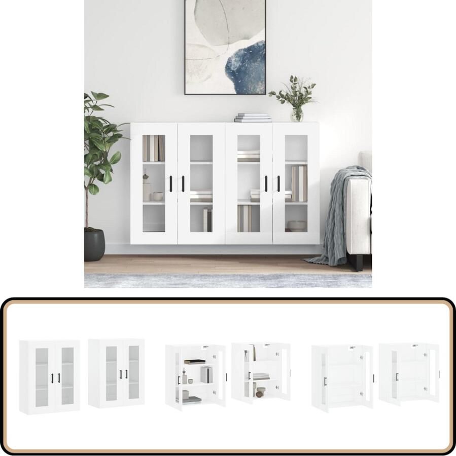 VidaXL Hangkasten 2 stuks Bewerkt hout Wit Wandkast Houten Kast Vitrineskast Opbergkast Keukenopslag