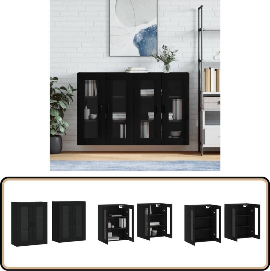 VidaXL Hangkasten Zwart Bewerkt Hout 2 stuks Wandkast Zwarte Wandkast Houten Wandkast Opbergkast Hangkast