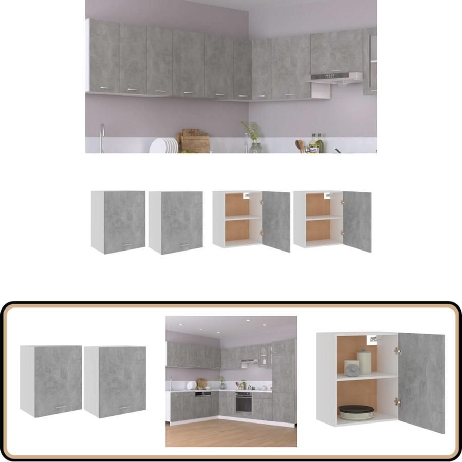 VidaXL Hangkasten 2 stuks 50x31x60 cm Betongrijs Keukenopbergkast Hangkast Keukenkast Opslagruimte Betongrijs