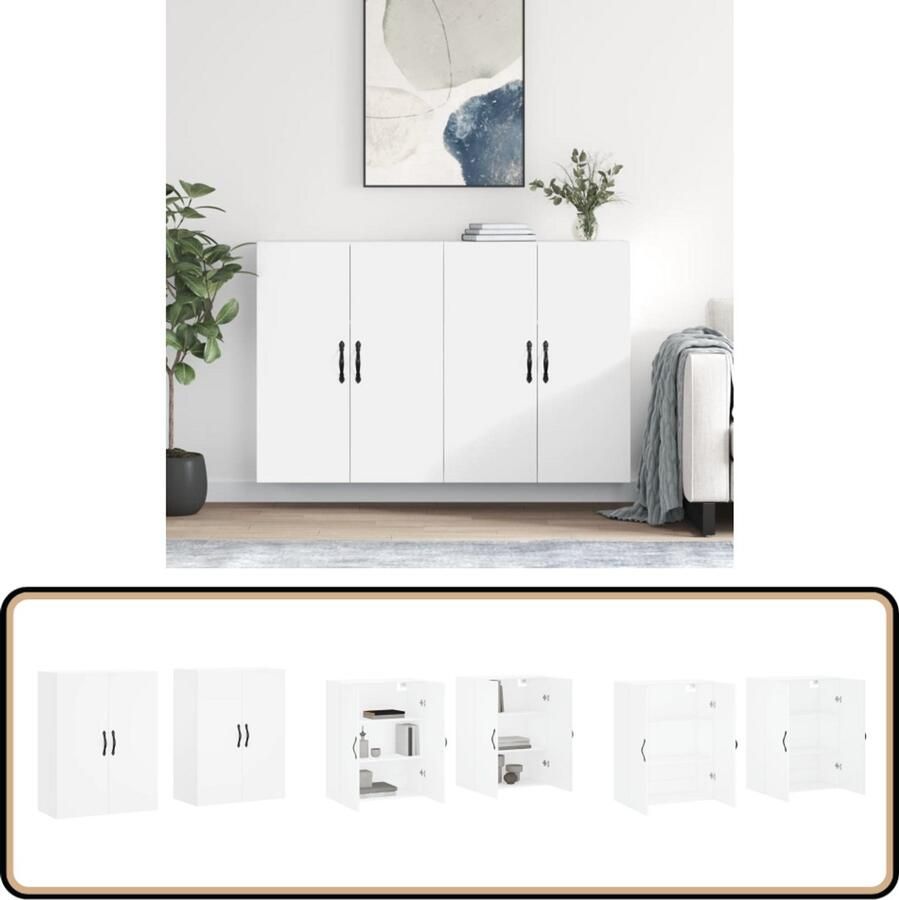 VidaXL Hangkasten 2 stuks Bewerkt hout Wit Wandkast Houten Kast Opbergkast Hangkast Wit Meubilair - Foto 2