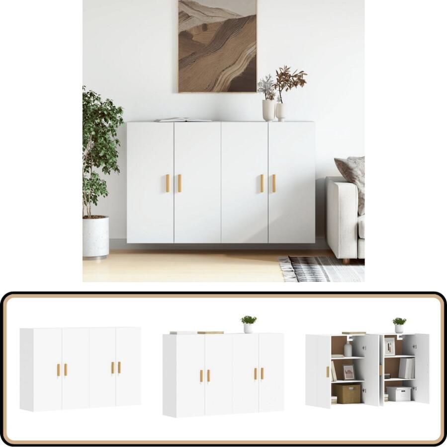 VidaXL Hangkasten 2 stuks Wit Bewerkt hout Wandkast Houten Kast Opbergkast Witte Kast Keukenopstelling - Foto 2