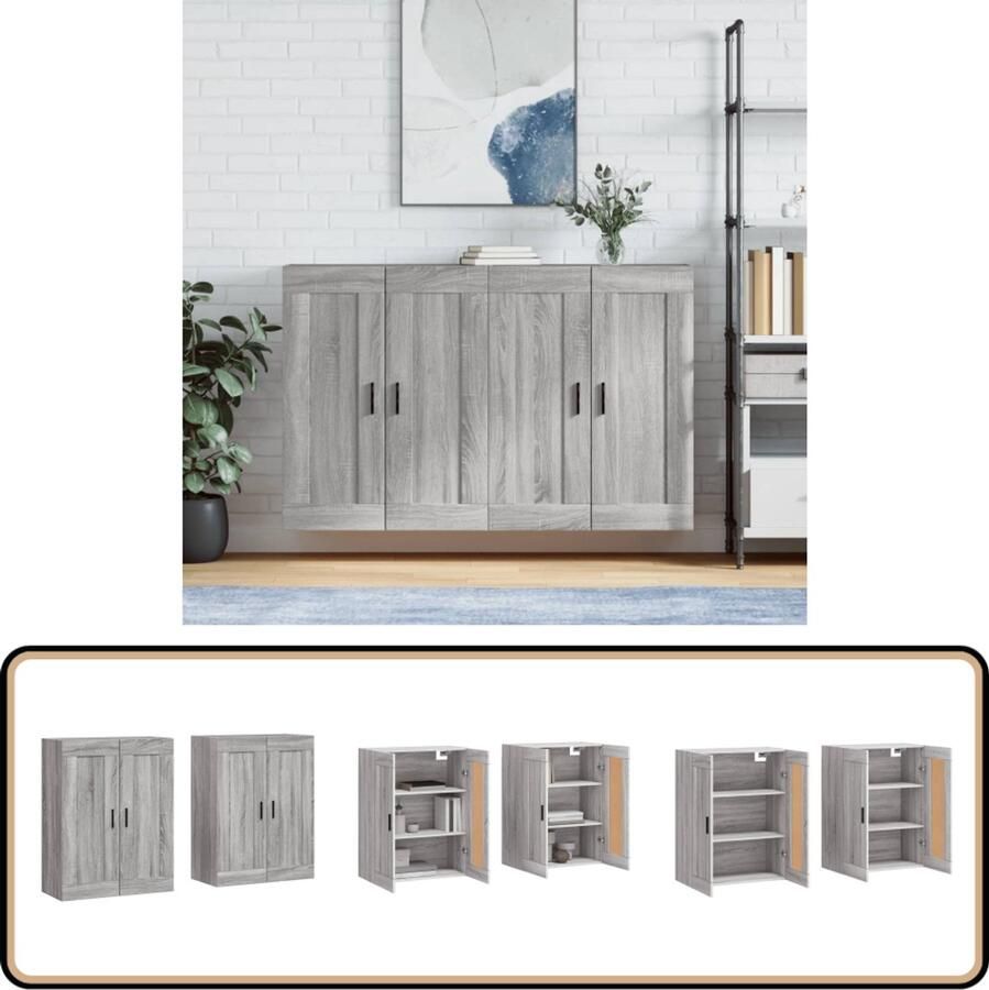 VidaXL Hangkasten Grijs Sonoma Eiken Set van 2 Wandkast Grijze Wandkast Houten Wandkast Opbergkast Salontafel - Foto 2