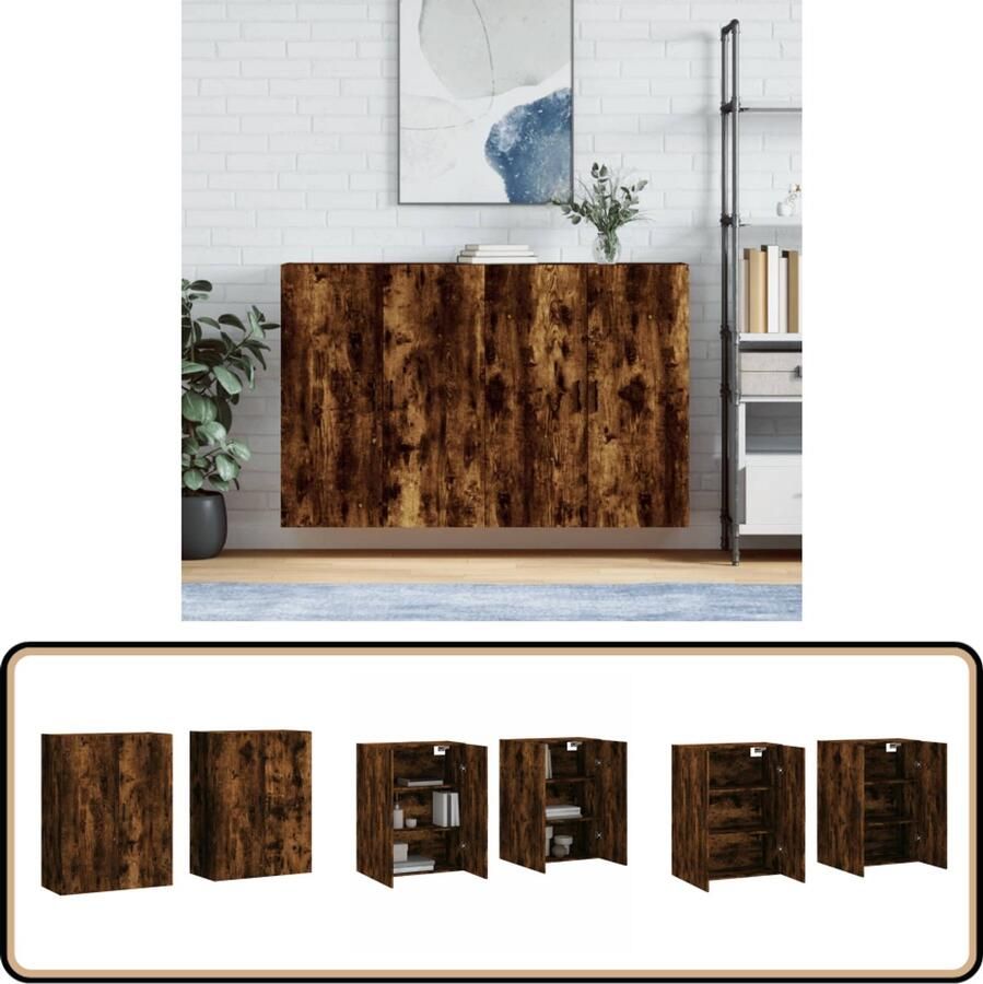 VidaXL Hangkasten Set van 2 Gerookt Eiken 69 5x34x90 cm Wandkast Opbergkast Houten Kast Keukenopstelling Badkameroplossing - Foto 2