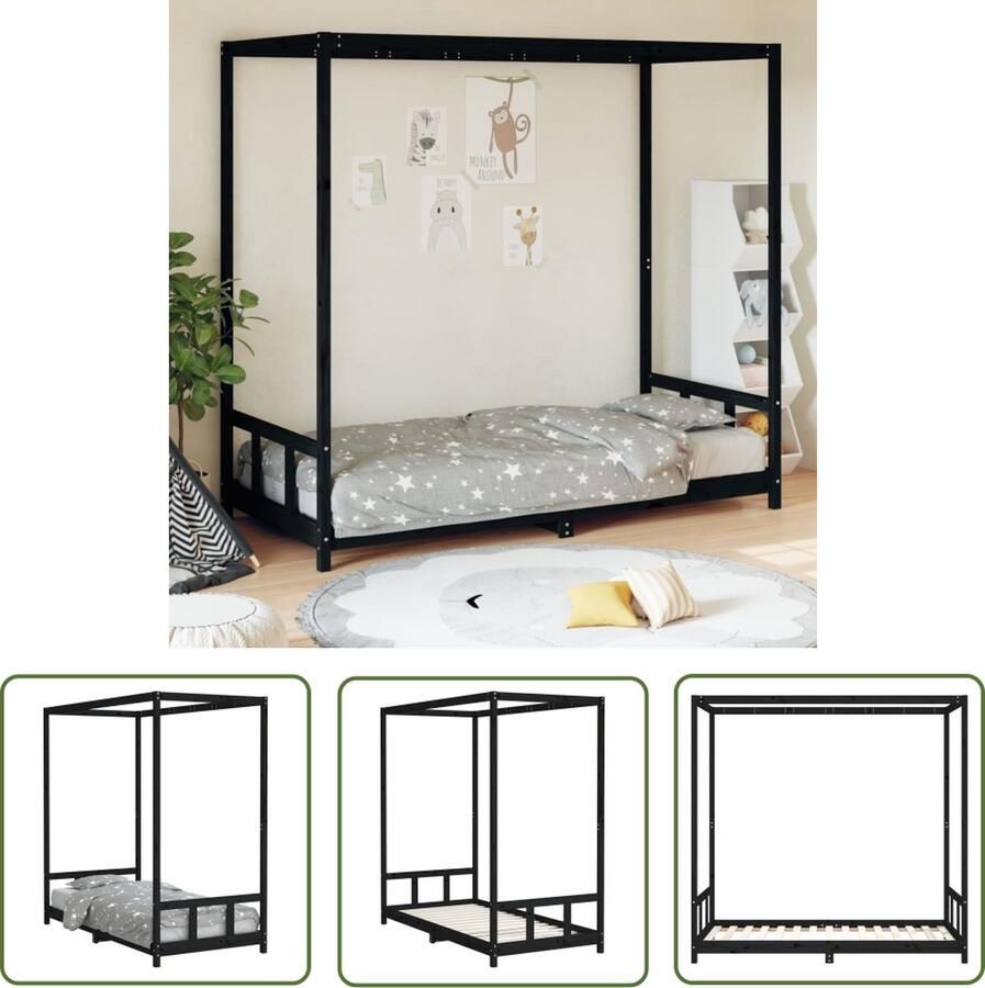 The Living Store Kinderbedframe Hemelbed Massief Grenenhout 195.5 x 95.5 x 190 cm Zwart Kinderbed Hemelbed Grenenhout Bed Zwarte Kinderkamer Kids Bedroom