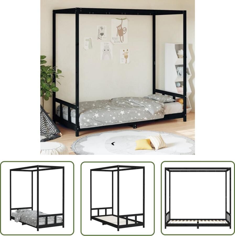 The Living Store Kinderbedframe Hemelbed Massief grenenhout 205.5 x 95.5 x 190 cm Zwart Geschikt voor kinderen vanaf 4 jaar Montage vereist Kinderbed Hemelbed Massief Hout Grenenhout Zwarte Kleur