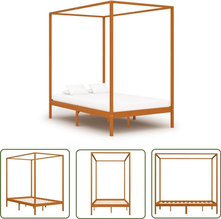 VidaXL Hemelbedframe 120x200 cm Honingbruin Hemelbed Frame Massief Hout Bed Grenenhouten Bed Bruine Bed Tweepersoons Bed Slaapcomfort - Foto 2