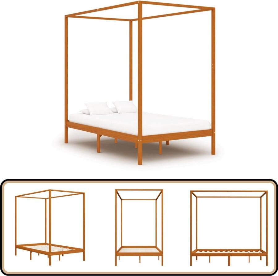 VidaXL Hemelbedframe 120x200 cm Honingbruin Hemelbed Frame Massief Hout Bed Grenenhouten Bed Bruine Bed Tweepersoons Bed Slaapcomfort