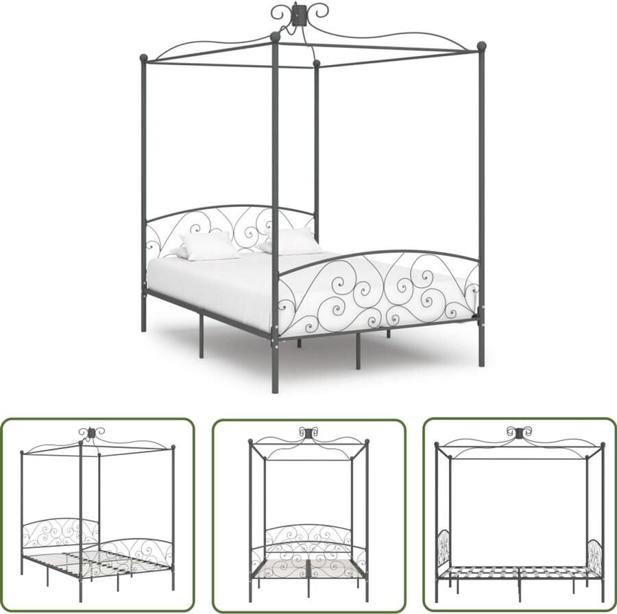 VidaXL Hemelbedframe 140x200 cm Metaal Grijs Metalen Bed Frame Hemelbed Slaapkamer Decoratie Tweepersoons Bed Vintage Bed Modern Bed Grijze Bed