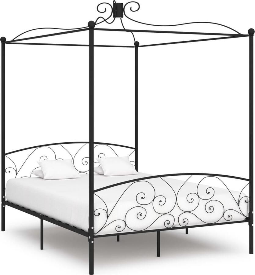 VidaXL Hemelbedframe 160x200 cm Zwart Metaal Metalen Hemelbed Houten Bed Frame Tweepersoons Bed Hoofdbord Bed Vintage Bed Modern Bed Bedroom Furniture - Foto 2