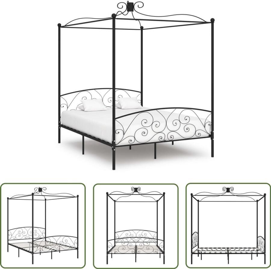 VidaXL Hemelbedframe 160x200 cm Zwart Metaal Metalen Hemelbed Houten Bed Frame Tweepersoons Bed Hoofdbord Bed Vintage Bed Modern Bed Bedroom Furniture