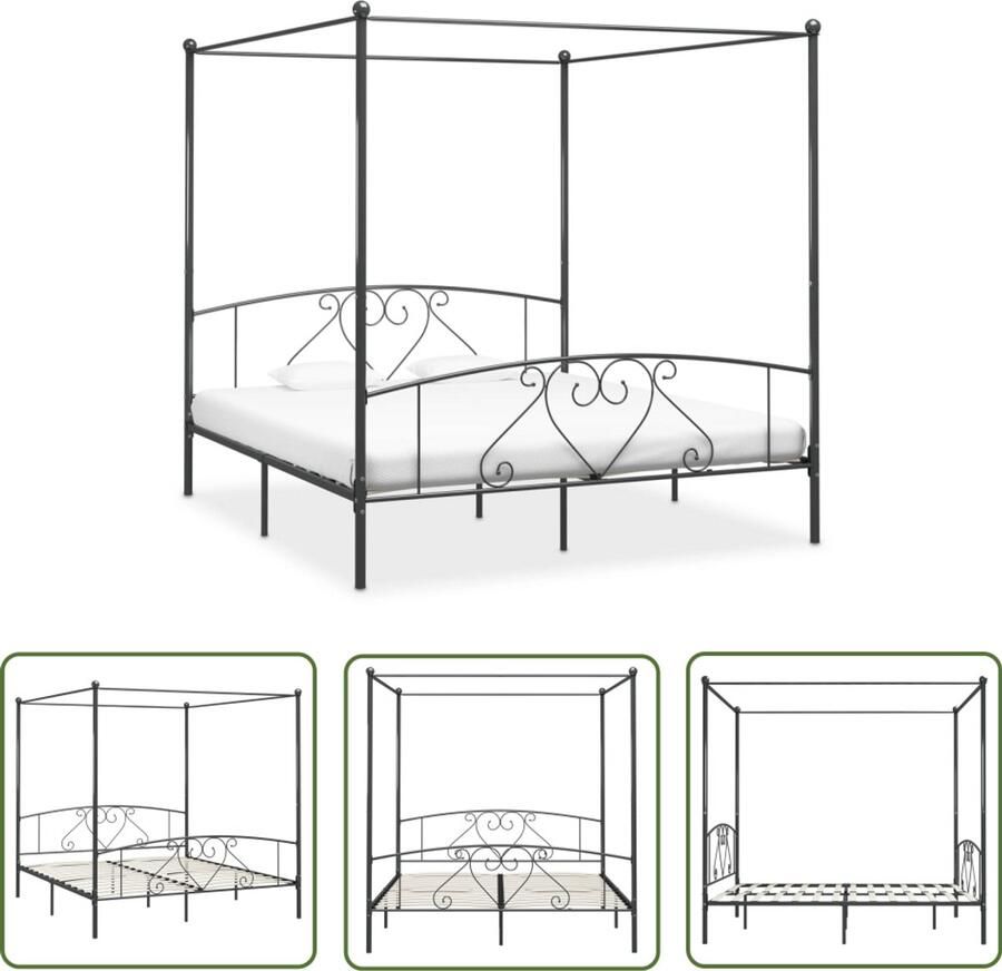 VidaXL Hemelbedframe 180x200 cm Grijs Metaal Hemelbed Frame Metalen Bedframe Grijze Bedframe Tweepersoons Bed Hoofdbord Slaapcomfort Design Bed Luxe Bed Kamerdecoratie