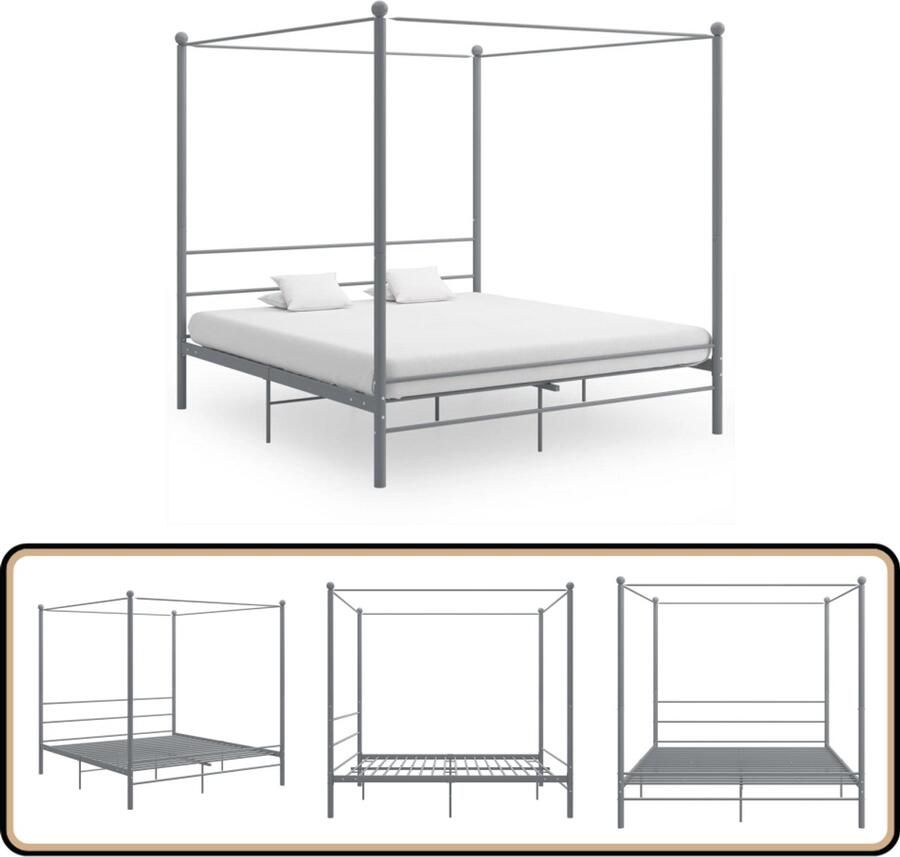 VidaXL Hemelbedframe 180x200 cm Metaal Grijs Slaapcomfort Metalen Bed Frame Hemelbed Grijs Bed Tweepersoons Bed