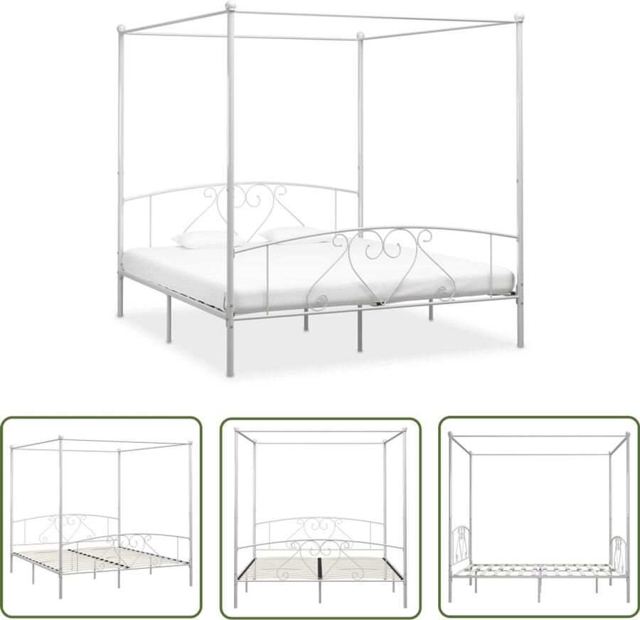 VidaXL Hemelbedframe 180x200 cm Wit Metaal Hemelbed Metalen Bedframe Wit Hoofdbord Twee Persoons Bed Boxspring Bed