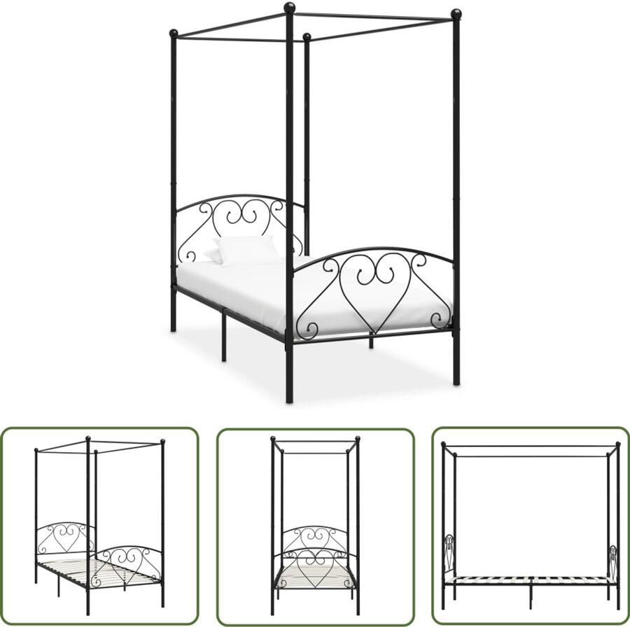 VidaXL Hemelbedframe 90x200 cm Zwart Metaal Hemelbed Metalen Bed Bedframe Tweepersoonsbed Slaapcomfort Hoofdbord