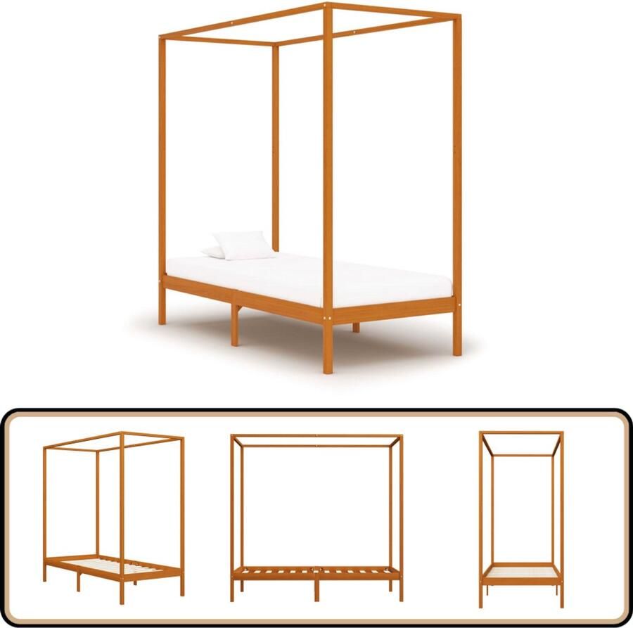 VidaXL Hemelbedframe Grenenhout 90x200 cm Hemelbed Massief Hout Bed Grenenhout Bed Honigbruin Bed Tweepersoon Bed Slaapcomfort