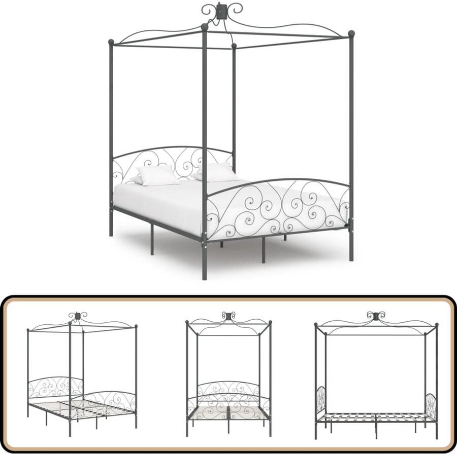 VidaXL Hemelbedframe Grijs 120x200 cm Hemelbed Metalen Bedframe Grieze Bed Slaapkamer Meubels Boxspring Bed