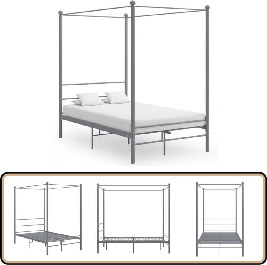 VidaXL Hemelbedframe Grijs 140x200 cm Metaal Metal Frame Bed Metal Bed Frame Tweepersoons Bed Grijze Bedframe Slaapcomfort