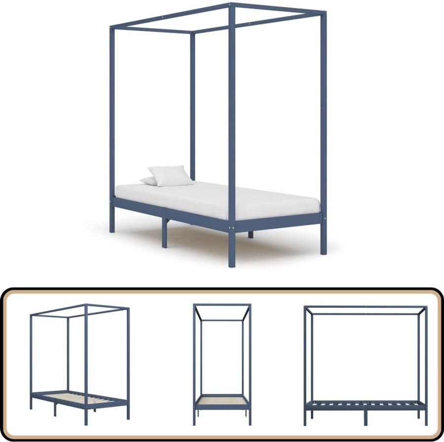 VidaXL Hemelbedframe Massief Grenenhout 100x200 cm Hemelbed Massief Hout Bed Grenenhout Bed Tweepersoons Bed Grijze Bed